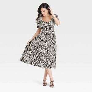 a new day Black and White Leaf Print Midi Dress